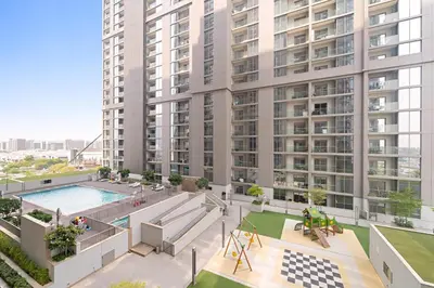 an aerial view of a large apartment building at Perfect 1 BR for Family Stay - Close to Downtown in Dubai