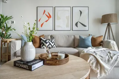 a living room with a couch and a coffee table at GuestReady - Sweet Paradise near Marina Walk in Dubai