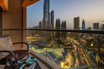 a room with a view of a city skyline at Frank Porter - Emaar Residences Fashion Avenue in Dubai