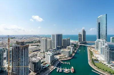 an aerial view of a city with a harbor at Marco Polo - Wake up to stunning sea views at Stella Maris in Dubai