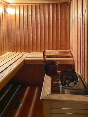 a inside of a sauna with a pot on a table at Elegant Studio in Dubai Marina Near Beach and Metro Z1013 in Dubai