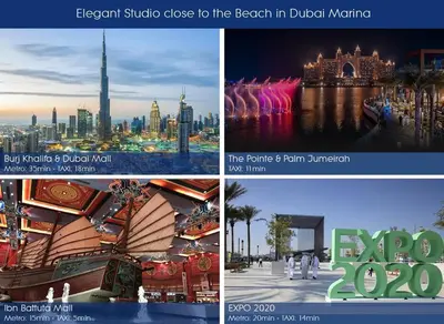 a collage of three pictures of the beach in dubailand at Elegant Studio in Dubai Marina Near Beach and Metro Z1013 in Dubai