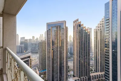 a view of a city skyline from a balcony at Silkhaus with Burj Khalifa view1BDR with modern amenities in Dubai