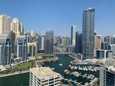 an aerial view of a city with a harbor at Beautiful Studio Apartment in Dubai Marina in Dubai
