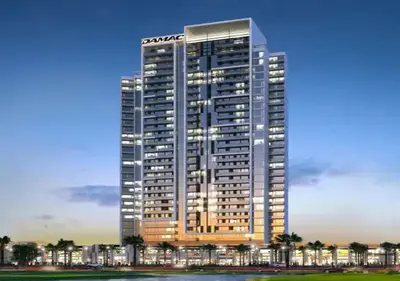 a rendering of a building with a sign on it at Full Golf View Studio in Damac Hills - Host & Stay in Dubai