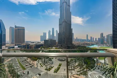 a view of a city skyline with tall buildings at Prestige Living 1BR with Full Burj Khalifa View by Auberge in Dubai