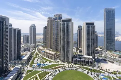 an aerial view of a city with tall buildings at Elegant 2 Bedroom Luxury Living in Harbour Gate - Allsopp&Allsopp in Dubai